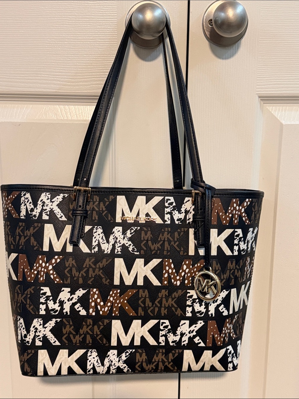 Michael Kors Black Brown White MK Logo Stripe Tote